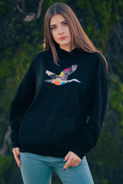 Kadın Baskılı Kapşonlu İçi Şardonlu Sweat