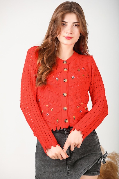 Kadın Nakışlı Düğmeli Kısa Hırka