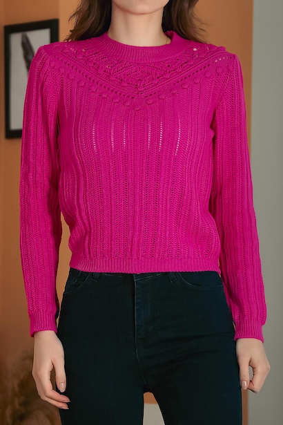 Kadın Bisiklet Yaka Triko Bluz Fuşya 6