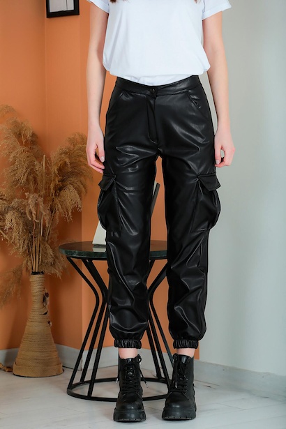 Kadın Kargo Cepli Deri Pantolon Siyah 6