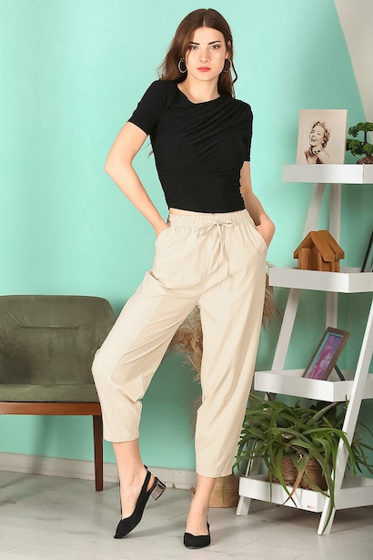Kadın Çimalı Paraşüt Kumaş Havuç Pantolon 