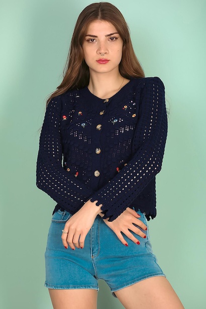 Kadın Nakışlı Düğmeli Kısa Hırka Lacivert 6