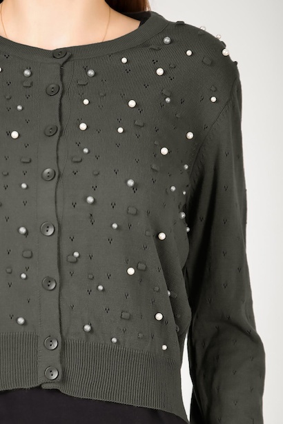 Kadın Kısa İncili Hırka Füme 6