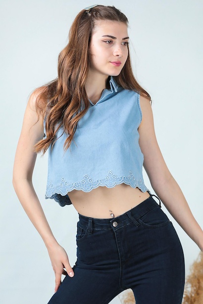 Kadın Gömlek Yaka Kısa Kot Bluz