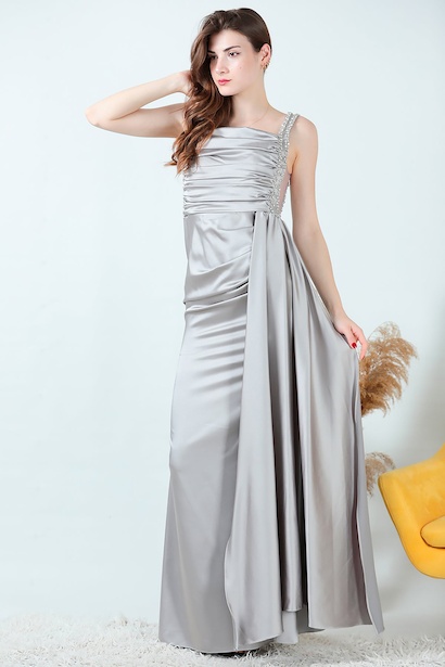 Kadın Taşlı Saten Uzun Abiye