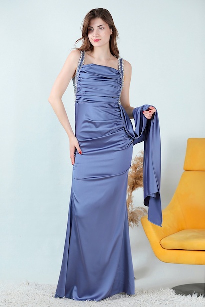 Kadın Taşlı Saten Uzun Abiye