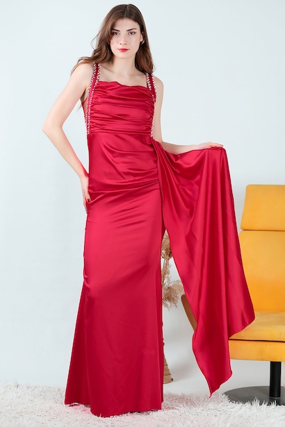 Kadın Taşlı Saten Uzun Abiye