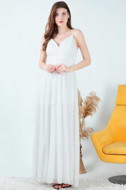 Kadın İp Askılı Şifon Uzun Abiye