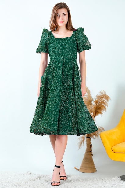 Kadın Balon Kol Simli Midi Boy Abiye Elbise