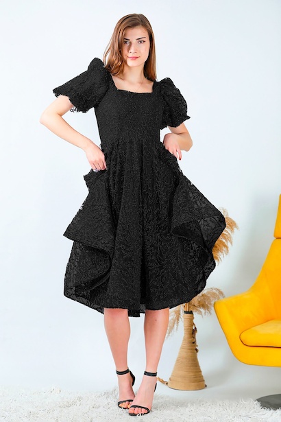 Kadın Balon Kol Simli Midi Boy Abiye Elbise