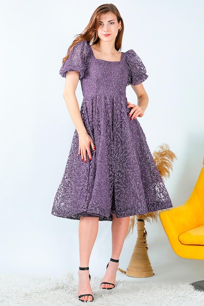 Kadın Balon Kol Simli Midi Boy Abiye Elbise