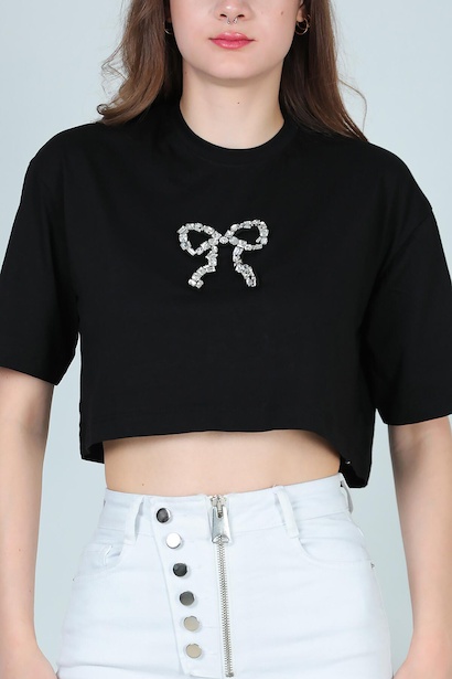 Kadın Bisiklet Yaka Taşlı T-shırt Siyah 6