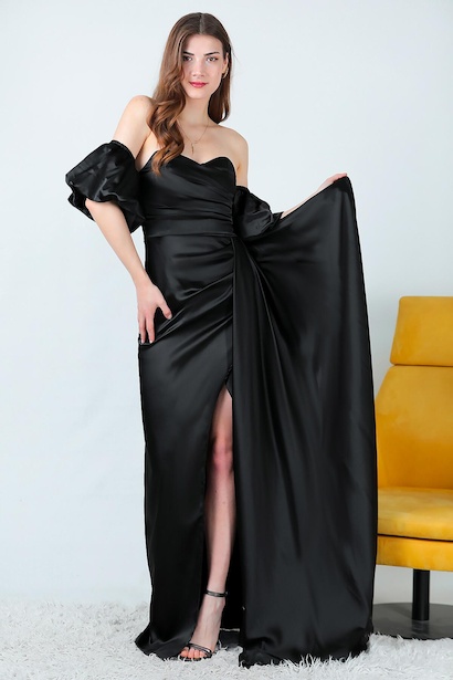 Kadın Balon Kol Saten Uzun Abiye Elbise