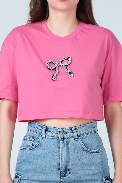 Kadın Bisiklet Yaka Taşlı T-shırt Pembe 6
