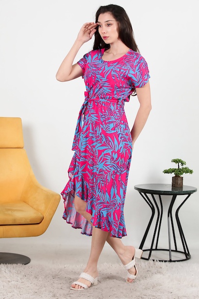 Dokuma Vizkon Ön Kısa Arka Uzun Kadın Elbise Fuşya 6