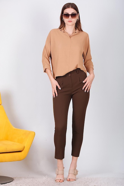 Kadın Çift Düğmeli Pantolon Kahverengi 6