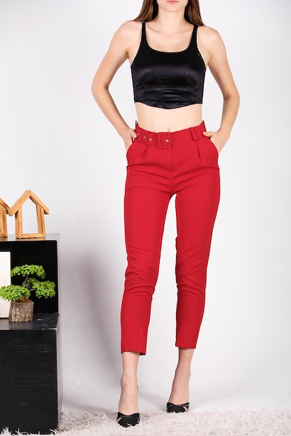 Kadın Kaplamalı Kemerli Pantolon Kırmızı 6
