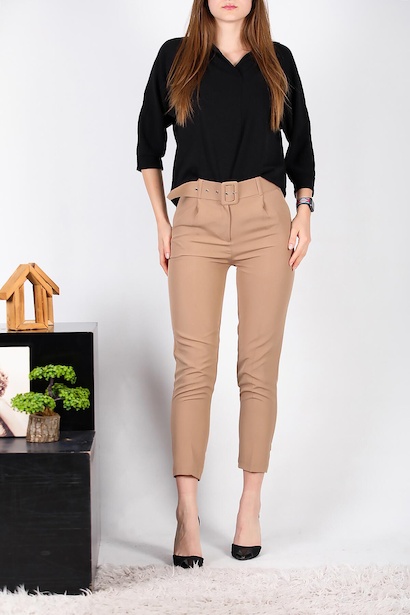 Kadın Kaplamalı Kemerli Pantolon  Bej 6