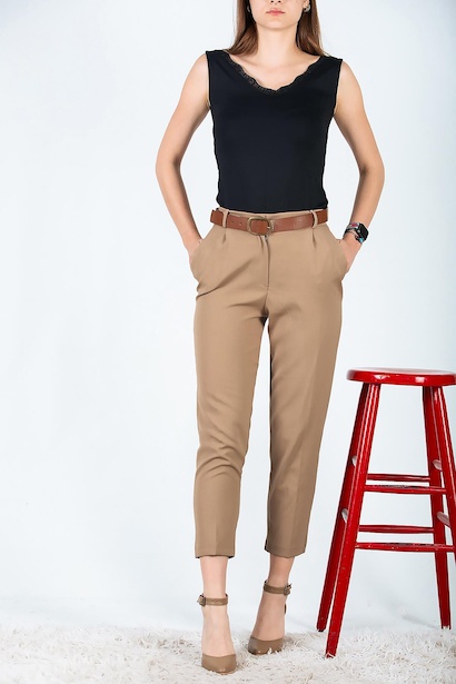 Kadın Kemerli Pantolon Bej 6