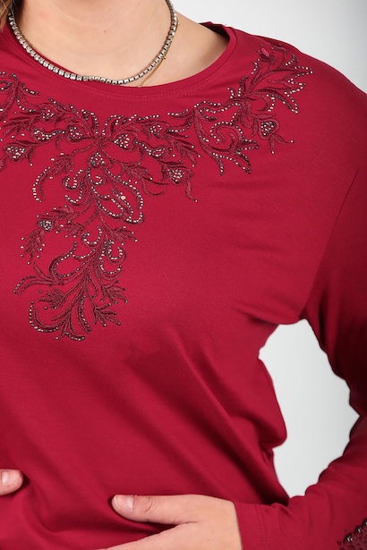 Büyük Beden Taş İşlemeli Bluz Bordo 6