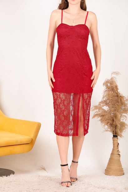 Kadın Dantel Midi Boy Abiye Elbise Kırmızı 6