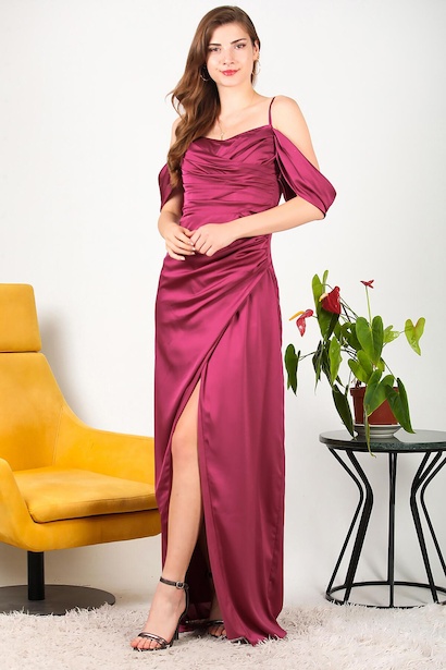 Kadın Askılı Saten Uzun Abiye
