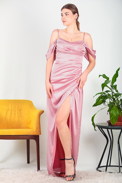 Kadın Askılı Saten Uzun Abiye