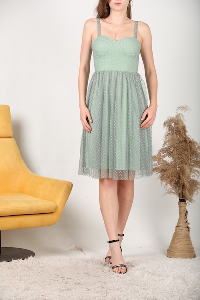 Kadın Puantiyeli Tül Elbise Çağla Yeşili 6