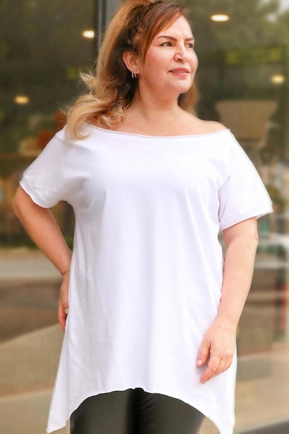 Büyük Beden Asimetrik T-shirt Beyaz 6