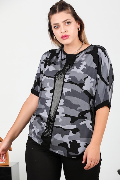 Büyük Beden Önü Taşlı Bluz Gri 6
