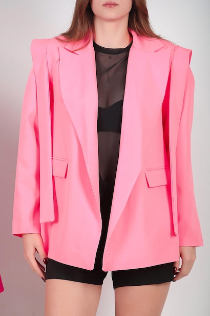 Kadın Omzu Kuşaklı Blazer Ceket Pembe 6