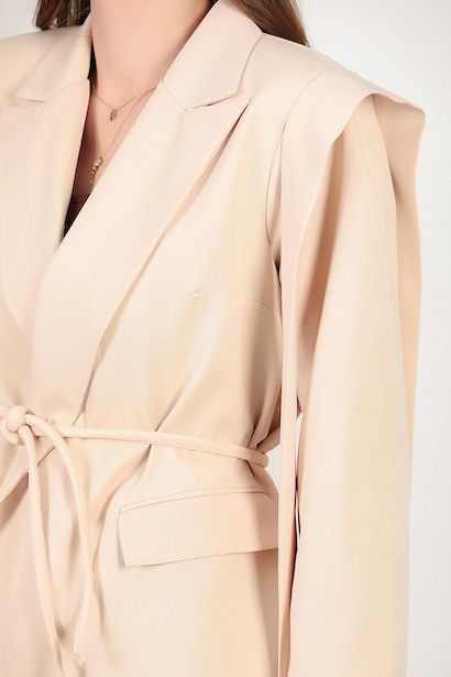 Kadın Omzu Kuşaklı Blazer Ceket Bej 9