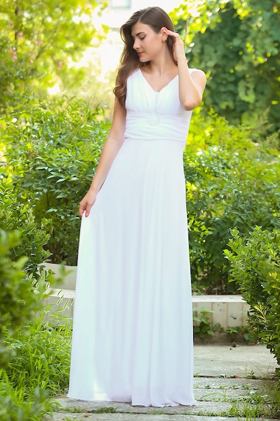 Kadın Bel Tokalı Uzun Şifon Abiye Elbise