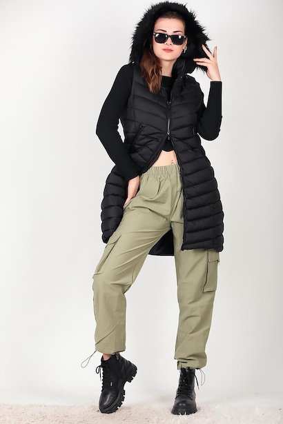 Kadın Uzun Kapşonlu Şişme Yelek Siyah 6