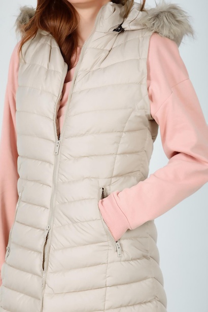 Kadın Uzun Kapşonlu Şişme Yelek Taş 9