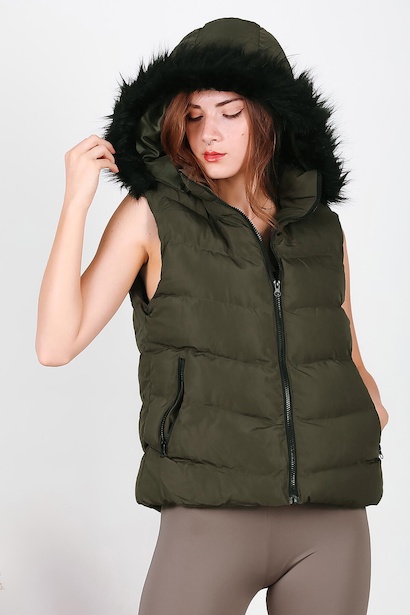 Kadın Kapşonlu Kısa Şişme Yelek Haki 6