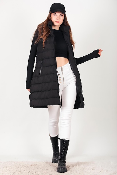 Kadın Kapşonlu Kürklü Uzun Şişme Yelek