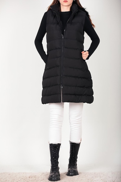 Kadın Kapşonlu Kürklü Uzun Şişme Yelek Siyah 6