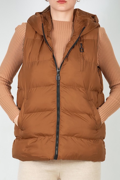 Kadın Kapşonlu Şişme Yelek Taba 6