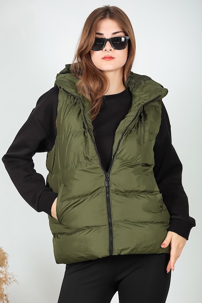 Kadın Kapşonlu Şişme Yelek Haki 6