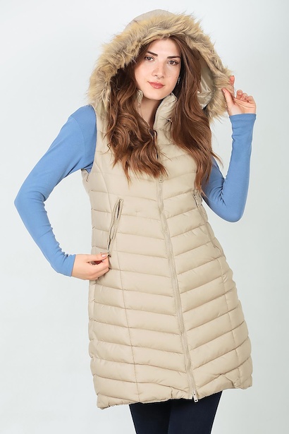 Kadın Kürklü Kapşonlu Şişme Yelek