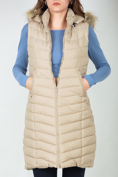 Kadın Kürklü Kapşonlu Şişme Yelek Krem 6