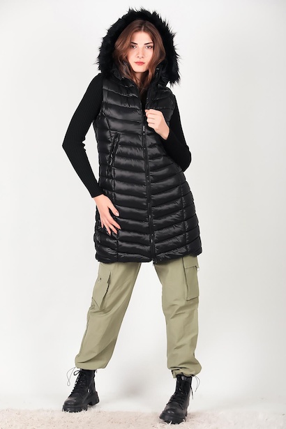 Kadın Kürklü Kapşonlu Şişme Yelek