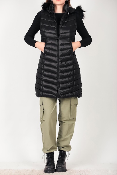 Kadın Kürklü Kapşonlu Şişme Yelek Siyah 6