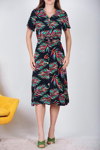 Kadın Desenli Elbise Siyah 6