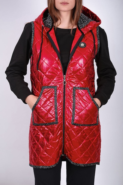 Kadın Parlak Uzun Yelek Kırmızı 6