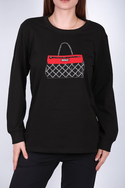 Kadın Bisiklet Yaka Baskılı Sweat Siyah 6