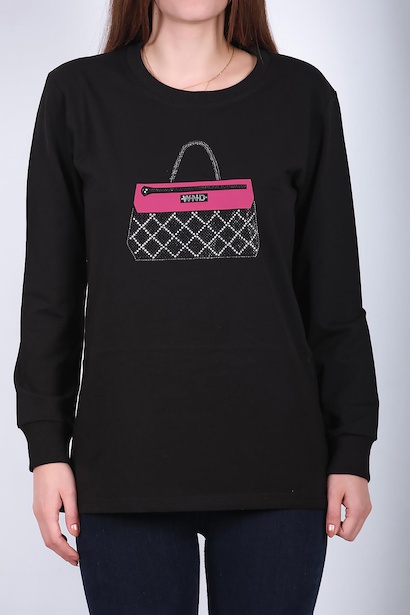 Kadın Bisiklet Yaka Baskılı Sweat Siyah 6