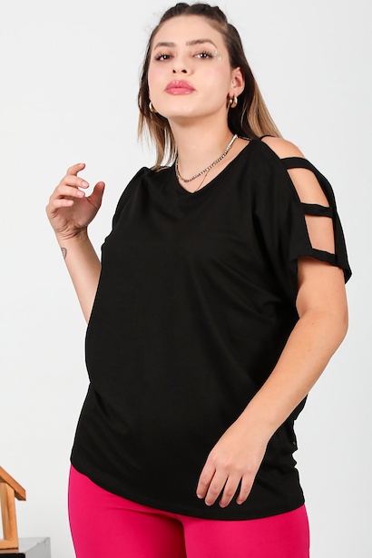 Büyük Beden Omuz Açık Bluz Siyah 6