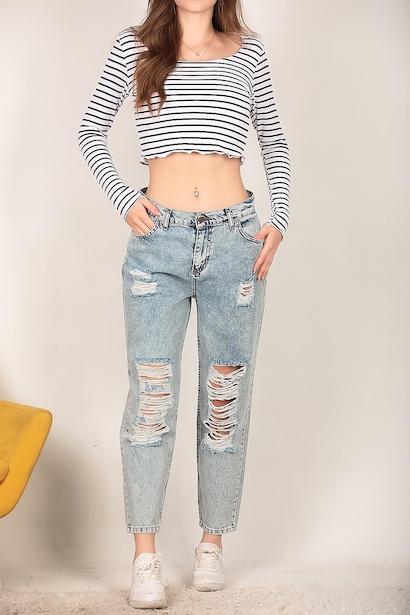 Kadın Yırtık Mom Jeans Pantolon  Kot 6